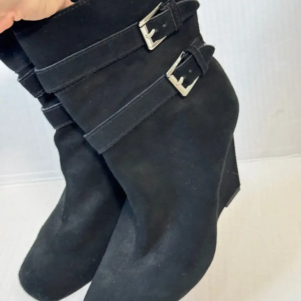 Michael Kors Black Suede Leather Ankle Wedge Boots Womens 10 Y2K Booties Luxury